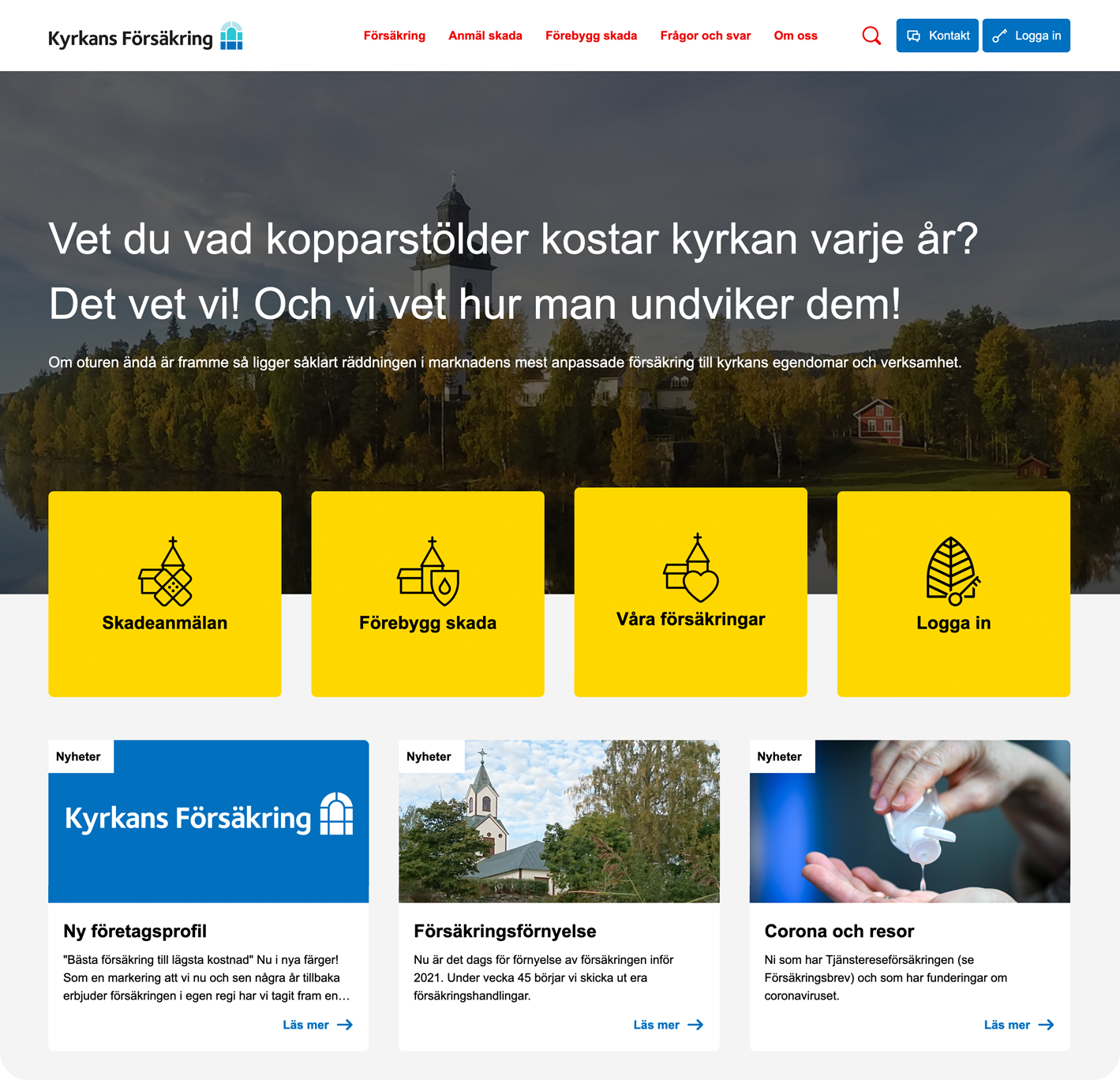 Bild av design på startsidan för Kyrkans Försäkring