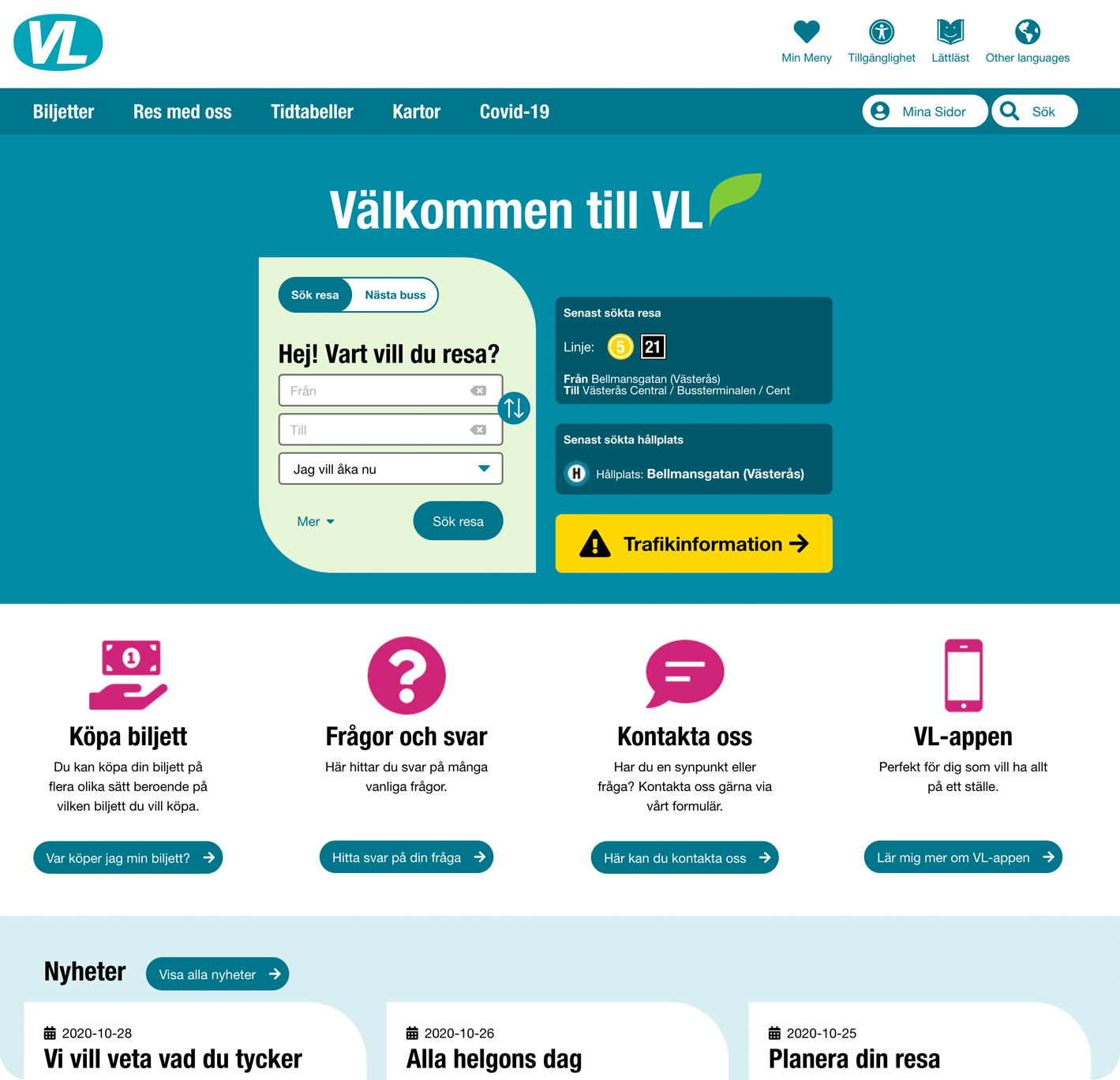 Bild av design på startsidan för Västmanlands Länstrafik