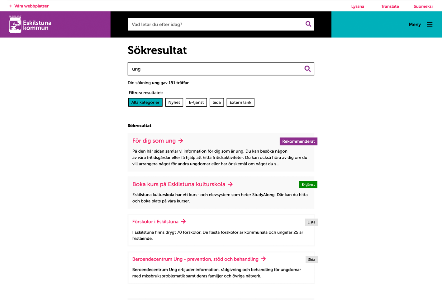 Bild av design på en sökresultatsida hos Eskilstuna kommun