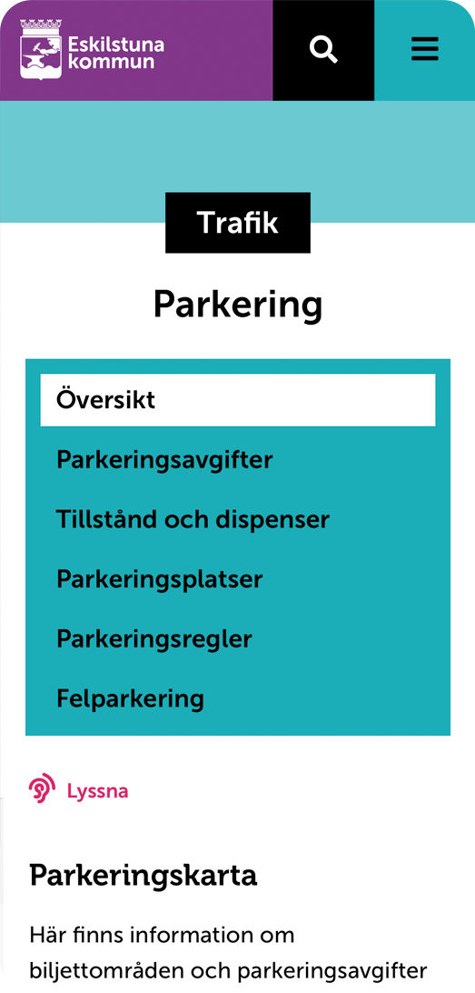 Bild på en sida hos eskilstuna.se i responsivt läge för mobiltelefon