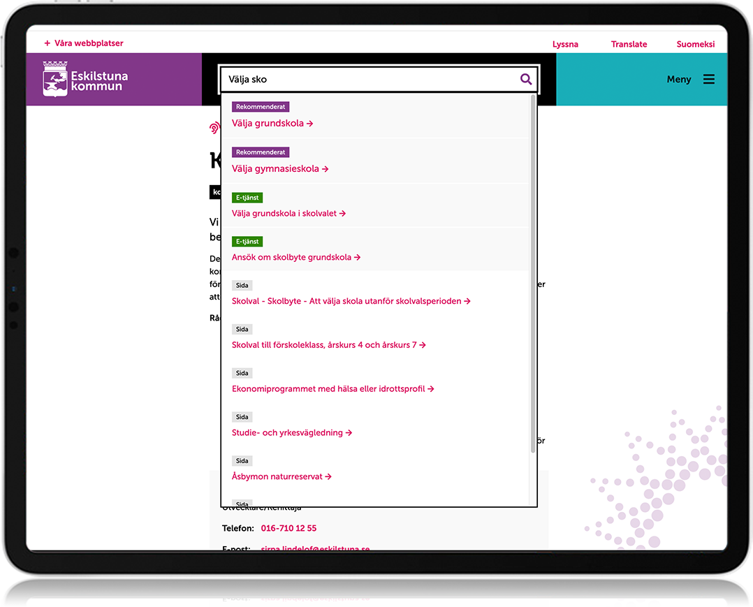 Bild av sökfunktion på Eskilstunas hemsida